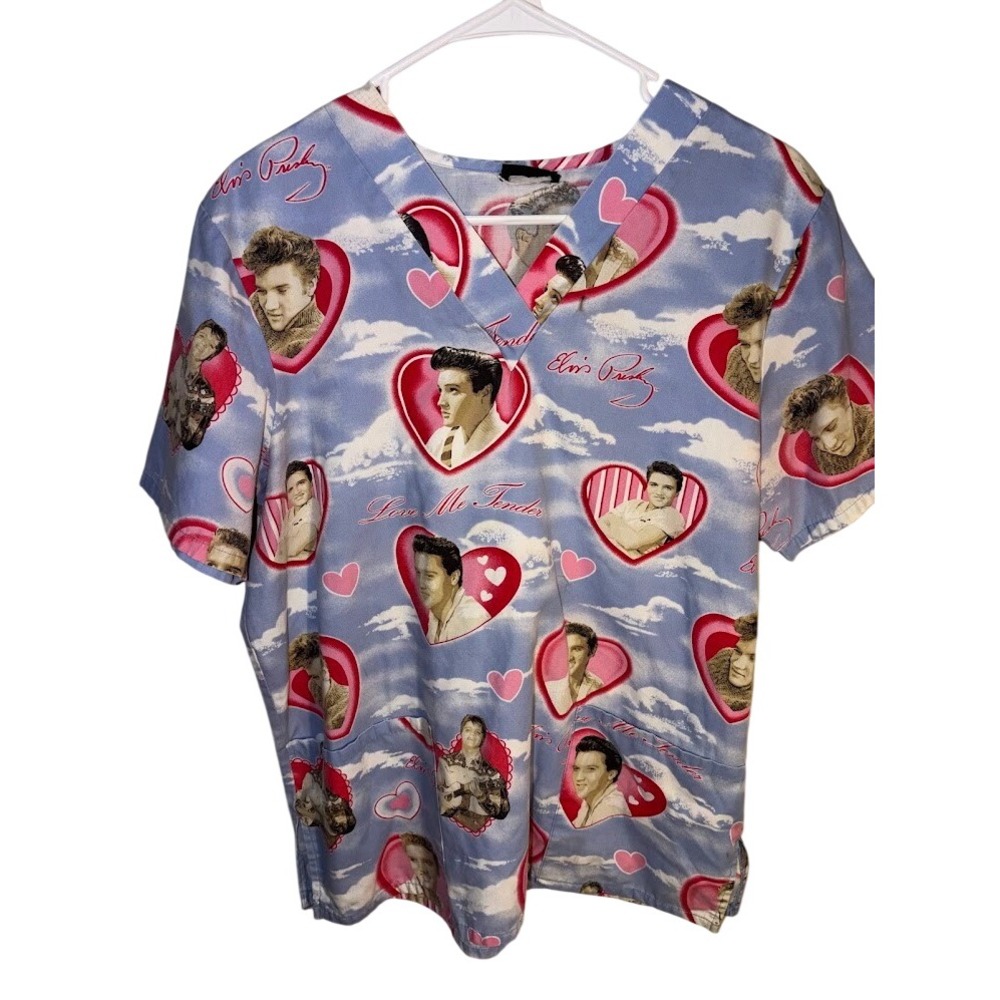 Elvis‎ Presley Love Me Tender Scrub Top Blue Pink Heart V-Neck Large S0565